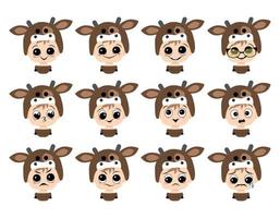 Set of boy avatar with big eyes and wide smile and different emotions in cow hat. Cute child with joyful, sad or angry face in carnival costume for holiday or new year vector