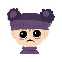 Child with big eyes and angry emotions, grumpy face, furious eyes in violet hat with pom pom. Head of toddler with furious expression vector