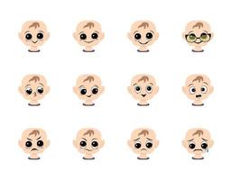 Set of baby avatar with big eyes and wide smile and different emotions. Head of toddler, cute child with joyful, sad or angry face vector