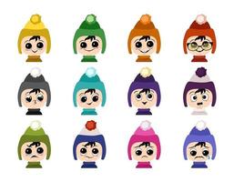 Set of baby avatar with big eyes and wide smile and different emotions in hat with pompom. Cute child with joyful, sad or angry face in winter headdress vector