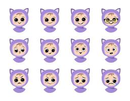 Set of baby avatar with big eyes and wide smile and different emotions in cat hat. Cute child with joyful, sad or angry face in winter headdress vector