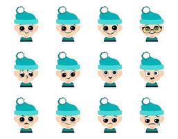 Set of boy avatar with big eyes and wide smile and different emotions in blue hat with pompom. Head of cute child with joyful, sad or angry face vector