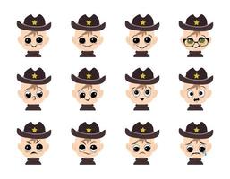 Set of baby avatar with big eyes and wide smile and different emotions in sheriff hat with yellow star. Cute child with joyful, sad or angry face in carnival costume. Head of boy with expression vector