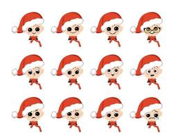 Boy with big eyes and different emotions in red Santa hat. Cute kid with joyful or sad face in festive costume for New Year and Christmas. Head of adorable child vector