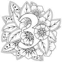 Number 3 with mehndi flower decorative ornament in ethnic oriental style coloring book page