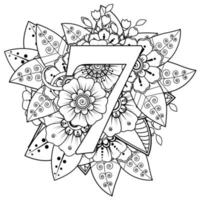 Number seven with mehndi flower decorative ornament in ethnic oriental style coloring book page vector