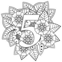 número 5 con adorno decorativo de flores mehndi en estilo étnico oriental página de libro para colorear vector