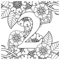 número 2 con adorno decorativo de flores mehndi en estilo étnico oriental página de libro para colorear vector