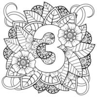 número 3 con adorno decorativo de flores mehndi en estilo étnico oriental página de libro para colorear vector