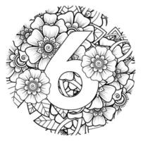 número 6 con adorno decorativo de flores mehndi en estilo étnico oriental página de libro para colorear vector