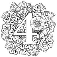 Number 4 with mehndi flower decorative ornament in ethnic oriental style coloring book page vector