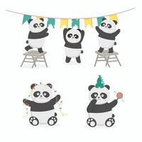 preparación de la fiesta de cumpleaños de panda junto con bandera y luz. vector