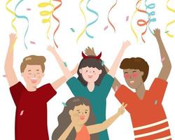 Big family celebrating party Mothers, fathers and child in hat dancing and laughing together. vector