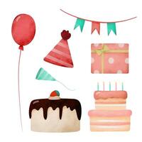 A watercolor party themed object, balloons, tast party hats, shooters, gift boxes, hanging flags, cakes, chocolates, strawberries, vector