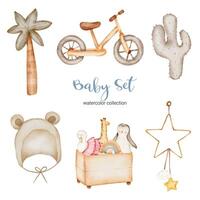conjunto de hermosas partes separadas de ropa, artículos para bebés y juguetes en colores acuáticos vector