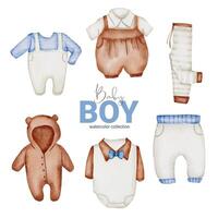 Set of beautiful separate parts of clothes, baby items and toy in water colors vector