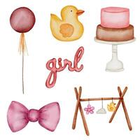 Set of beautiful separate parts of clothes, baby items and toy in water colors vector