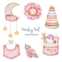 Set of beautiful separate parts of clothes, baby items and toy in water colors vector