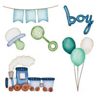 Set of beautiful separate parts of clothes, baby items and toy in water colors vector