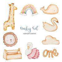 Set of beautiful separate parts of clothes, baby items and toy in water colors vector