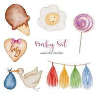 Set of beautiful separate parts of clothes, baby items and toy in water colors vector