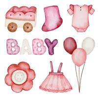 Set of beautiful separate parts of clothes, baby items and toy in water colors vector