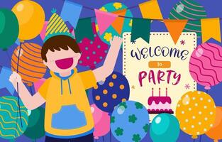 gente de la fiesta de cumpleaños de dibujos animados. hombre y mujer tienen fiesta de cumpleaños en casa. decoración de fiesta de cumpleaños con globo y disparar colorf vector