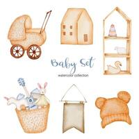 Set of beautiful separate parts of clothes, baby items and toy in water colors vector