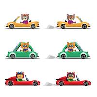 Animal driver, pets vehicle and cat happy in car. vector