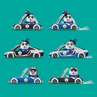 conductor de animales, vehículo de mascotas y panda feliz en el coche. vector