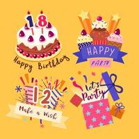 Set of birthday party design elements. Cake, Cup cake, Firework and gift box. vector