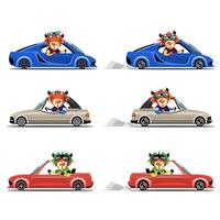 Animal driver, pets vehicle and tiger happy in car. vector