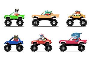 Animal driver, pets vehicle and cow, crocodile, alligator, tiger, bear, zebra, shark,  happy in car. vector