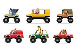 Animal driver, pets vehicle and elephant, hippopotamus, lion, rhinoceros, giraffe, boar, happy in car. vector