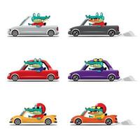 conductor de animales, vehículo de mascotas y cocodrilo, caimán, feliz en coche. vector
