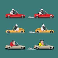 conductor de animales, vehículos de mascotas y ovejas felices en el coche. vector