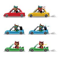 conductor de animales, vehículo de mascotas y perro feliz en el coche. vector