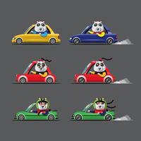 Animal driver, pets vehicle and panda happy in car. vector