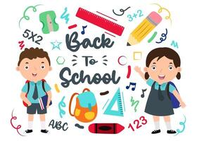 Welcome Back to school with funny school characters flat vector illustration.