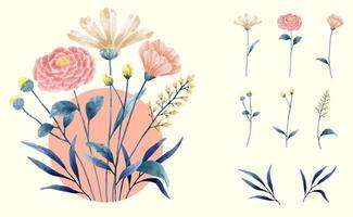 un conjunto de flores pintadas en acuarela para crear un trabajo de diseñador vector