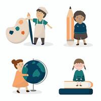 4 personajes estudiantiles en materias como arte, geografía, caligrafía, historia vector