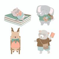 4 estudiantes gato, elefante, ciervo, oso, leer un libro vector