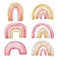 Watercolor Baby toy and accessories. Baby stuffs set of rainbow pillows, vector