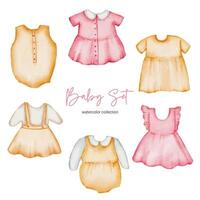 Watercolor vector illustration clothes object asset. Baby stuffs set of clothes boy and girl