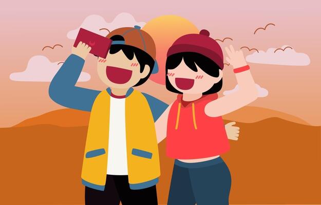 Young couple video call on smartphone vector illustration