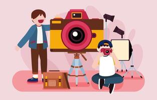 Photoghaper working in studio with camera and lighting illustration vector