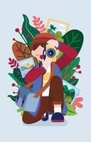 Young photographer man use camera take a photo vector