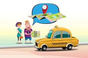 Tourist 2 spread a map and tell the destination where you want to go with the taxi driver vector