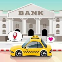 un hombre de negocios le dice a un taxi el destino del banco en una parada de taxis en la ciudad vector