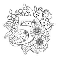 número 5 con adorno decorativo de flores mehndi en estilo étnico oriental página de libro para colorear vector